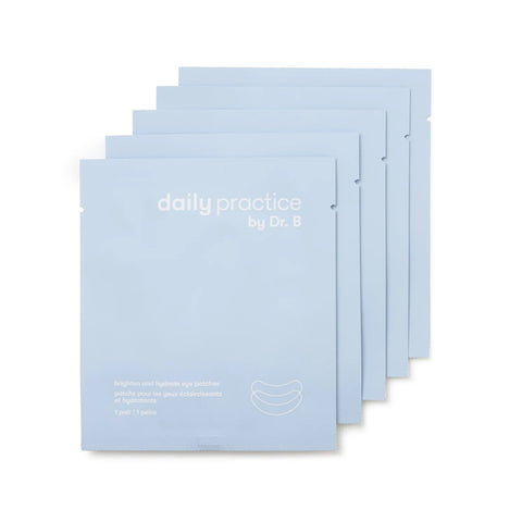 Five packets of Daily Practice Brighten & Hydrate Eye Patches are displayed in a row. The packaging claims these under-eye masks will instantly refresh, rejuvenate, reduce puffiness, and brighten the under-eye area.