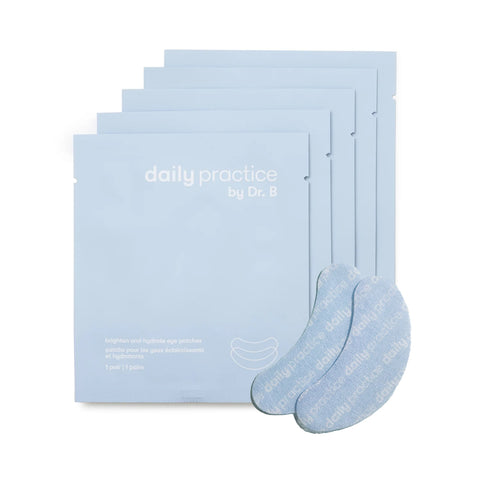Light blue packaging of Daily Practice Brighten & Hydrate Eye Patches, with text. Five unopened pouches and two crescent-shaped patches by Daily Practice to reduce puffiness placed alongside.