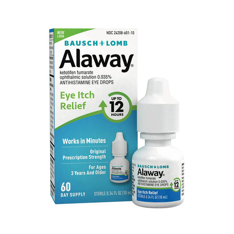 Image of a Bausch + Lomb Alaway Antihistamine Allergy Eye Drops 10mL box and bottle, highlighting Fast Relief for Itchy Eyes and Up to 12 Hours effectiveness. Suitable for ages 3+, it provides long-lasting comfort with a 60-day supply in an easy-drop cap bottle.