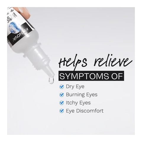A hand holds an Avenova Lubricant Eye Drops (Twin Pack) 15ml bottle with a drop falling. Text: “Helps relieve Dry Eye, Burning Eyes, Itchy Eyes, Eye Discomfort,” each with a check mark. Effective relief by Avenova.