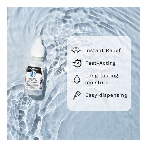 A box of Avenova Lubricant Eye Drops (Twin Pack) 15ml Bottles by Avenova sits on rippling water, with icons and text showing Dry Eye Relief: instant relief, fast-acting, long-lasting moisture, and easy dispensing.