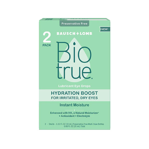 Biotrue Hydration Boost Eye Drops by Bausch + Lomb offer soothing, preservative-free hydration for dry, irritated eyes. The pack includes two 10 mL bottles (over 600 drops), featuring HA with antioxidants and electrolytes, suitable for soft contact lens users in green packaging.