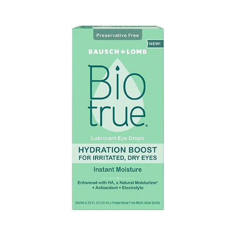 A green box of Biotrue Hydration Boost Eye Drops by Bausch + Lomb, preservative-free and suitable for soft contact lenses, featuring HA, antioxidants, and electrolytes for instant moisture on dry, irritated eyes.