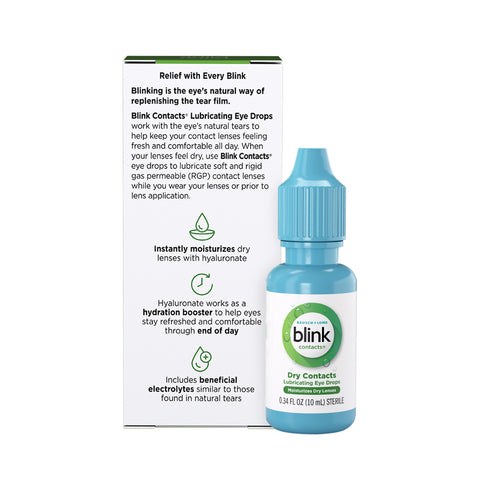 A 10ml blue bottle of Bausch + Lombs Blink Contacts Lubricating Eye Drops is ideal for contact lens users, offering features like instant moisture with hyaluronate, beneficial electrolytes, and relief with every blink.