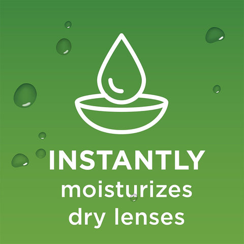 Set against a green backdrop, a white drop outline adorns the lens, surrounded by water droplets. Text reads: Instantly moisturizes dry lenses. Ideal for contact lens wearers using Blink Contacts Lubricating Eye Drops (10ml) from Bausch + Lomb.