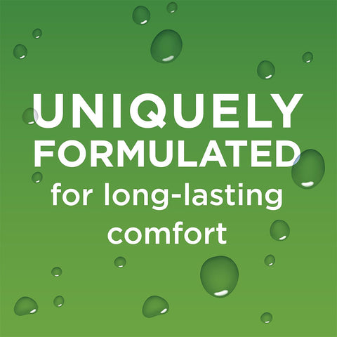 Text on a green background says, UNIQUELY FORMULATED for long-lasting comfort, ideal for contact lens users. Scattered water droplets imply the soothing relief provided by Bausch + Lombs Blink Contacts Lubricating Eye Drops (10ml).