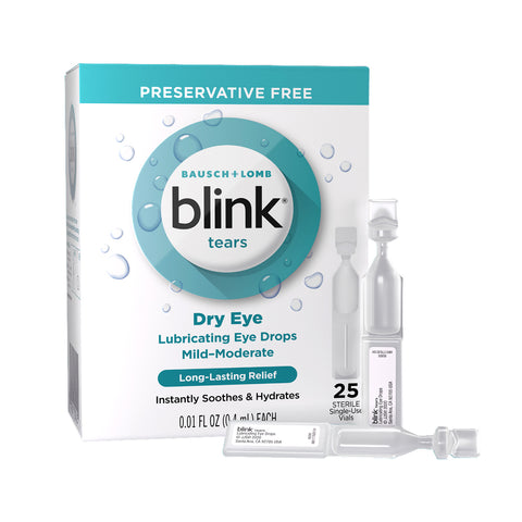 Bausch + Lombs Blink Tears Preservative Free Lubricating Eye Drops Vials (25 Count) feature blue and green packaging with individual sterile vials. These drops provide mild to moderate lubrication and long-lasting relief without preservatives.
