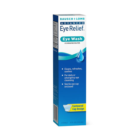 The Bausch + Lomb Advanced Eye Relief Eye Wash (4 oz bottle) is designed for sensitive eyes, featuring blue and white packaging that highlights its ability to clean, refresh, and soothe irritation. It includes a sterile, contoured eye cup for gentle application.