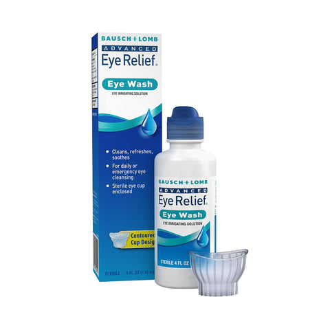 Image of Bausch + Lomb Advanced Eye Relief Eye Wash with a contoured eye cup. Ideal for daily or emergency use, the 4 oz bottle effectively cleans and soothes sensitive eyes, providing relief from irritation. Both packaging and bottle are displayed.