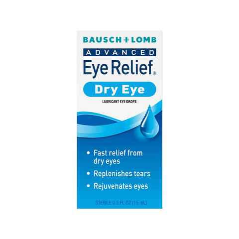 Bausch + Lomb Advanced Eye Relief® Dry Eye Lubricant Eye Drops, 15mL (0.5 fl oz), provide fast dry eye relief by replenishing tears. The blue and white box displays the Bausch + Lomb brand and a water droplet graphic.