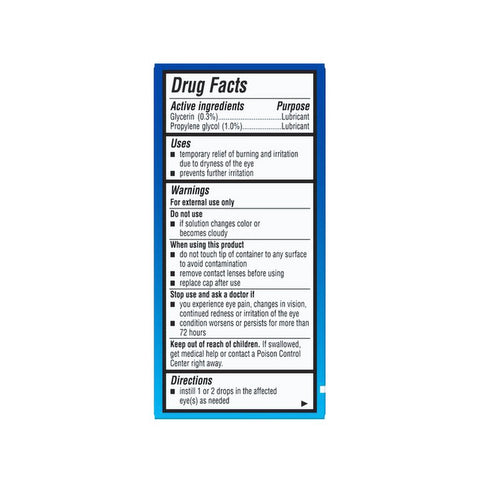 Drug facts label for Bausch + Lomb Advanced Eye Relief® Dry Eye Lubricant Eye Drops (15mL) lists Glycerin 0.3% and Propylene glycol 1.0% for dry eye relief, with warnings and directions to instill 1-2 drops in affected eyes as needed.