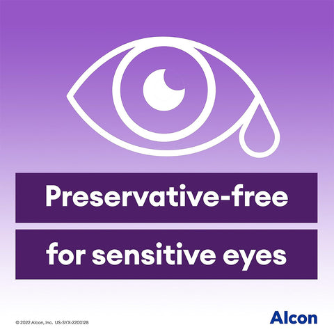 An eye design with a teardrop is shown above Preservative-Free Eye Drops for sensitive eyes against a purple gradient. The Alcon logo, in the bottom right, highlights dry eye relief with convenient single-use Systane Complete Preservative-Free 30ct vials.