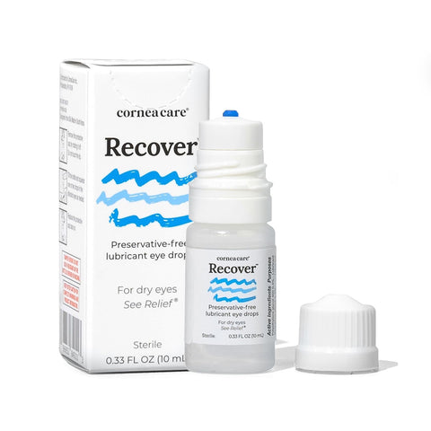 A small 0.33 fl oz multi-dose bottle of CorneaCare Recover Preservative-Free Artificial Tears rests by its packaging, featuring blue wavy lines; its crafted for dry, irritated eyes and offers advanced hydration and soothing relief.
