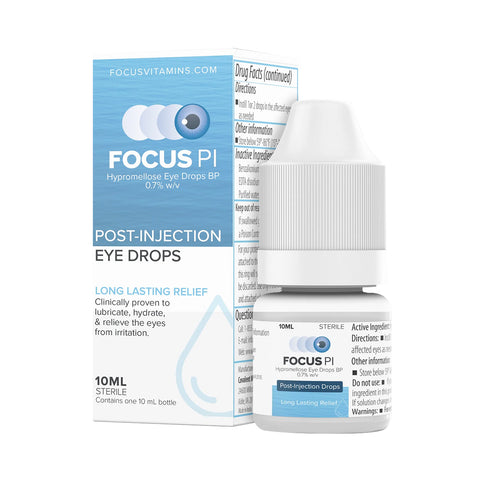 Image of Focus PI Eye Drops (10ml Bottle) by Focus Vitamins, featuring Hypromellose Eye Drops BP 0.7% w/v and Long Lasting Hydration for Dry Eye. The mostly white packaging with blue accents indicates the product is sterile.