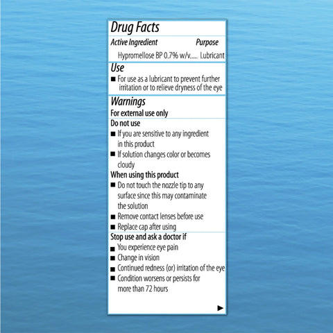 An image of Focus PI Eye Drops label by Focus Vitamins on a blue background shows the active ingredient, use for dry eye relief, and warnings. It advises stopping use if symptoms occur and consulting a doctor. Essential safety info for effective lubrication in this 10ml bottle of long-lasting hydration drops.