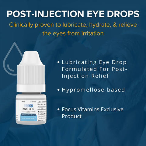 Promotional graphic for Focus PI Eye Drops features a 10ml bottle with text on benefits: lubrication, long-lasting hydration, and dry eye relief. Hypromellose-based and exclusive to Focus Vitamins. Teal background with drop icon emphasizes product focus.