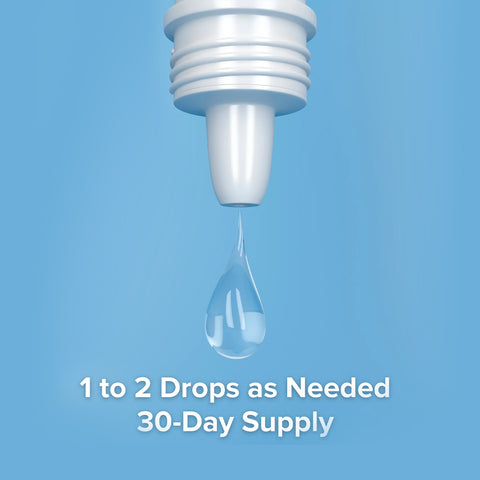 A close-up of a white dropper releasing a clear droplet against a blue background with text below: Focus PI Eye Drops (10ml) by Focus Vitamins, 1 to 2 Drops as Needed for Dry Eye Relief, 30-Day Supply.