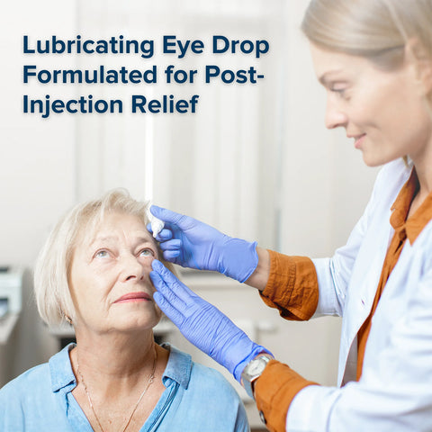 A healthcare professional in gloves helps an elderly woman with eye drops. The text reads, Focus PI Eye Drops (10ml Bottle) by Focus Vitamins - Lubricating Eye Drops for Long Lasting Hydration.