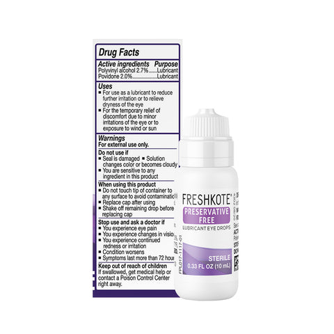 A white bottle of Freshkote (PF) Preservative Free Multidose Eye Drops by Harrow Health is next to its packaging, highlighting drug facts and active ingredients for dry eye relief. The 10mL (0.33 FL OZ) bottle is labeled Sterile.