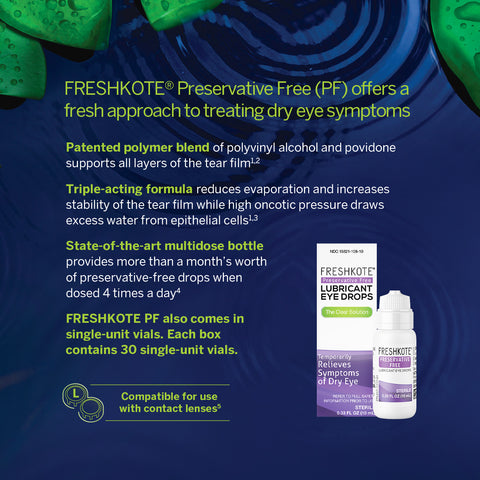 Image of Harrow Health Freshkote (PF) Preservative Free Multidose Eye Drops, featuring a patented polymer blend and triple-acting formula. Ideal for dry eye relief and compatible with contact lenses, it comes in a 10mL bottle offering 300 drops.