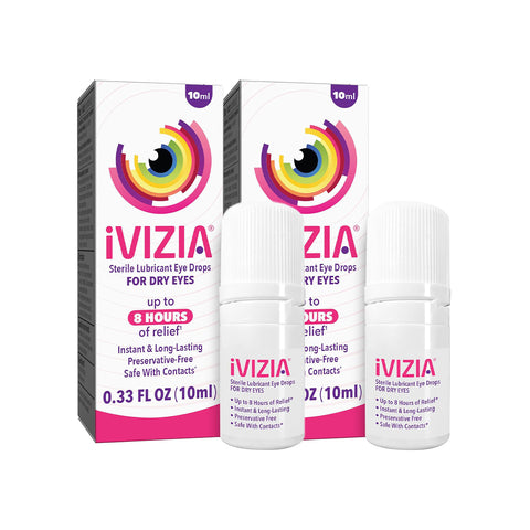 Two boxes of Theas iVIZIA 2-pack Sterile Lubricant Eye Drops (2 x 10ml) are shown, offering up to 8 hours of relief as preservative-free and contact lens-safe.