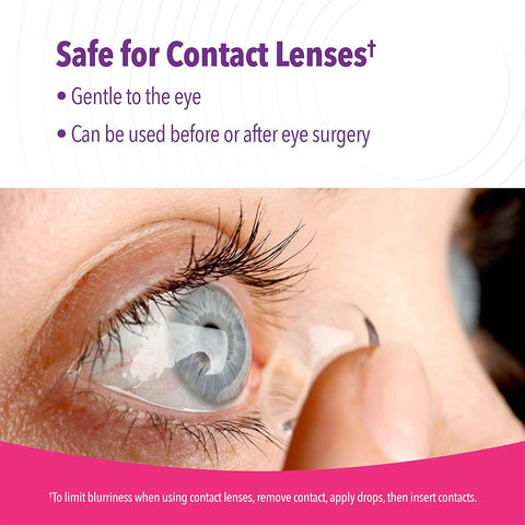 A close-up shows a contact lens being applied to an eye. Text states, Safe for Contact Lenses, emphasizing gentleness and dry eye relief. A note suggests removing lenses before using Theas iVIZIA 2-pack Sterile Lubricant Eye Drops, Preservative-Free (2 x 10ml bottles).