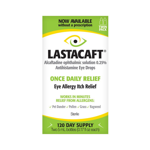 Image of Lastacaft Once Daily Eye Allergy Itch Relief Drops (Abbvie) twin pack, highlighting its prescription-strength antihistamine formula for fast allergy relief from pet dander, pollen, grass, and ragweed. Includes two 5mL bottles for 120 days of relief.