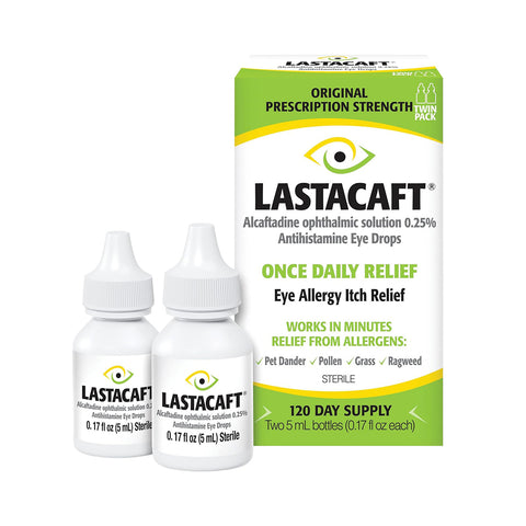 The image displays Abbvies Lastacaft Once Daily Eye Allergy Itch Relief Drops, a 120-day supply twin pack (2x5mL bottles), highlighting its fast-acting, prescription-strength antihistamine formula for relief from common allergens.