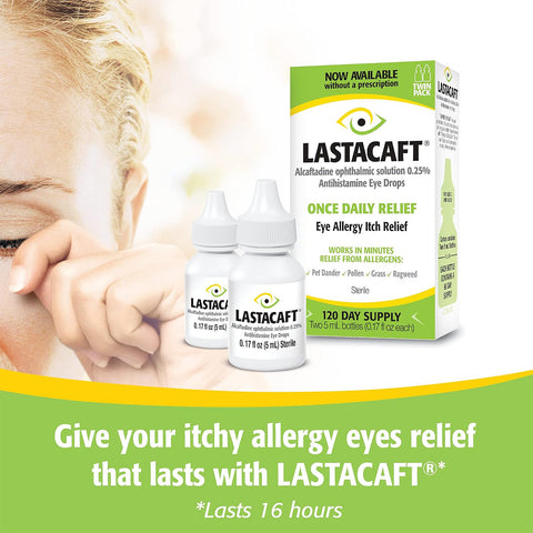 The image displays two bottles of Lastacaft Once Daily Eye Allergy Itch Relief Drops (Twin Pack 2x5mL) by Abbvie with their packaging. This prescription-strength antihistamine provides fast relief for eye allergies, lasting up to 16 hours with a 120-day supply.