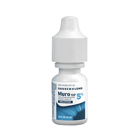 A small, white Bausch + Lomb Muro 128 Eye Drops bottle with a blue label and white cap contains a 5% Sodium Chloride solution. It offers temporary relief for corneal edema and is available in a 0.5 fl oz (15 mL) size.