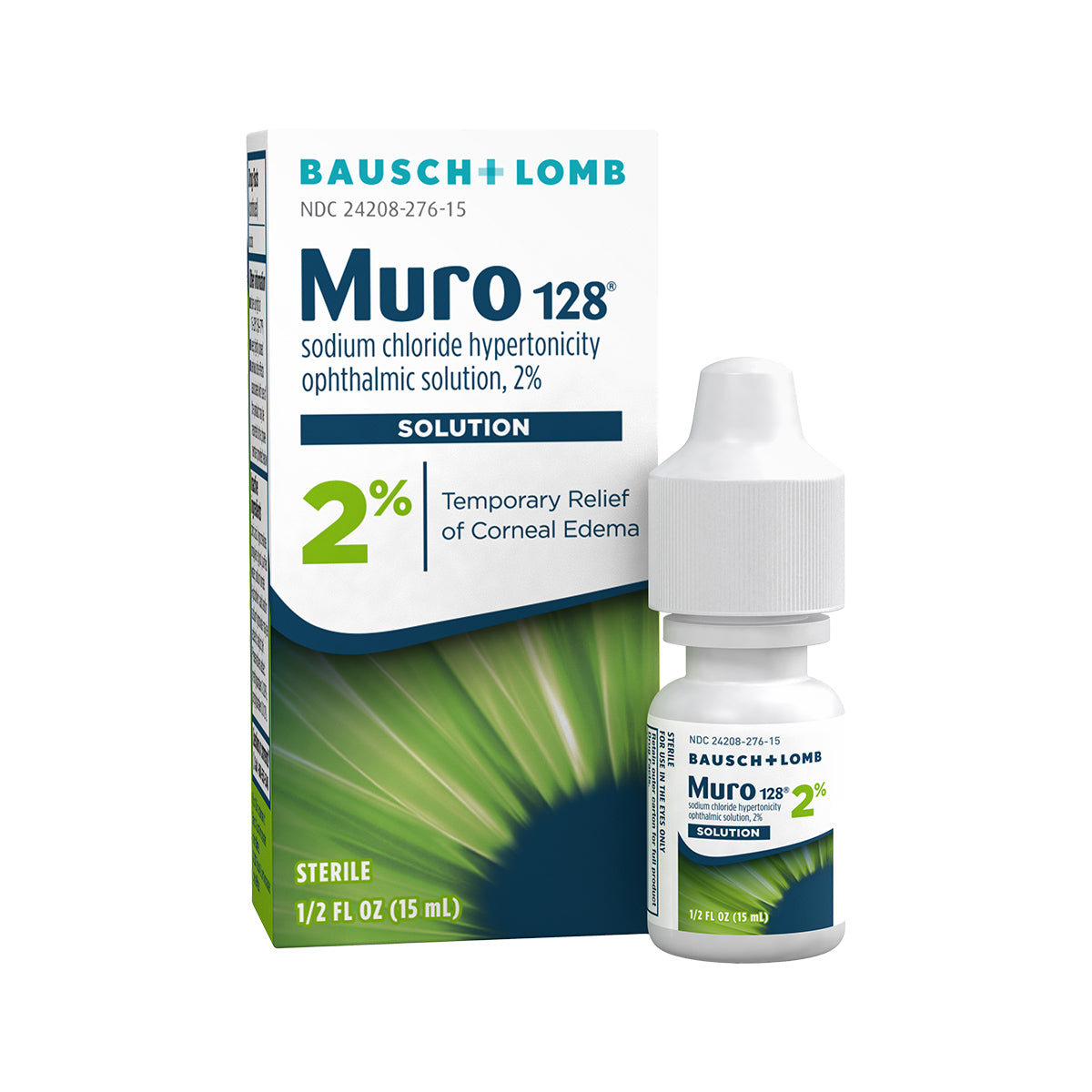 A box and bottle of Bausch + Lomb Muro 128 Eye Drops, a 2% hypertonic saline solution, provide temporary relief for corneal edema in a 0.5 fl oz size, featuring green accents and detailed product specs.
