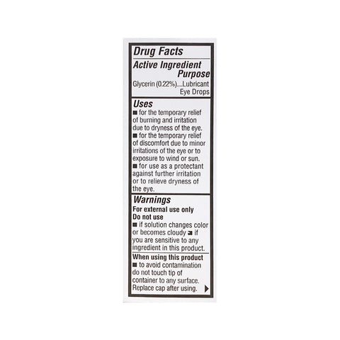 Label of Oasis Tears Multidose: Drug Facts, Active Ingredient (Glycerin 0.22%), Purpose (Lubricant), Uses, and Warnings. Ideal for dry eye relief and irritation due to dryness. Dont use if color changes. Brand: Oasis Medical, Size: 10mL.