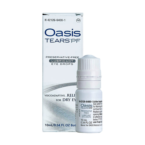 A 10mL bottle of Oasis Tears Preservative-Free Eye Drops by Oasis Medical, containing sodium hyaluronate, is positioned before its box. The packaging highlights its preservative-free formula tailored for dry eye relief.