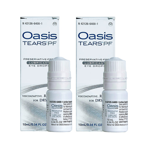 Two bottles of Oasis Tears 2-pack Preservative-Free Eye Drops by Oasis Medical are shown with their boxes. Each bottle provides soothing dry eye relief with sodium hyaluronate and is perfect for those seeking comfort without preservatives.