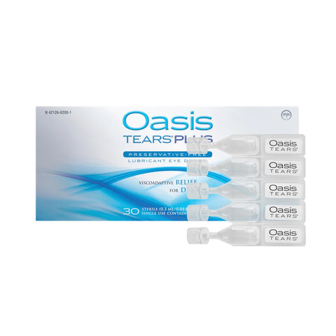 Oasis Tears Plus by Oasis Medical offers preservative-free eye drops in a box of 30 single-use vials. Enhanced with sodium hyaluronate, they provide viscoadaptive relief for moderate to severe dry eye discomfort.