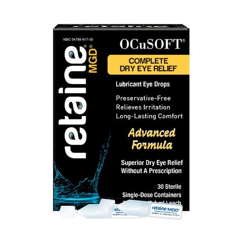 Image of Ocusoft Retaine MGD Eye Drops by OCuSOFT for dry eye relief. Features preservative-free drops for prolonged comfort, with 30 single-dose containers. Highlights an advanced formula designed for extended relief.