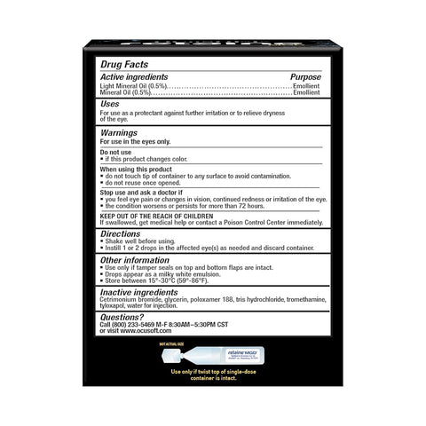 A black and white box of Ocusoft Retaine MGD Eye Drops 60 Vials, detailing ingredients, warnings, directions, and more. This preservative-free formula includes active and inactive components with contact info—ideal as lubricant eye drops for dry eyes from OCuSOFT.