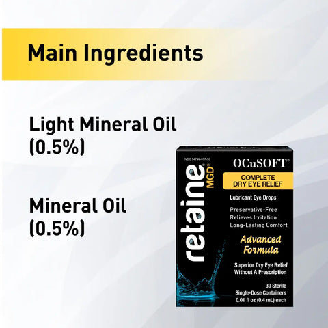 Image of a product box labeled Ocusoft Retaine MGD Eye Drops (Preservative-Free) by OCuSOFT promises Complete Dry Eye Relief with an Advanced Formula, featuring Light Mineral Oil (0.5%) and Mineral Oil (0.5%) as key ingredients for effective lubricant eye drops.