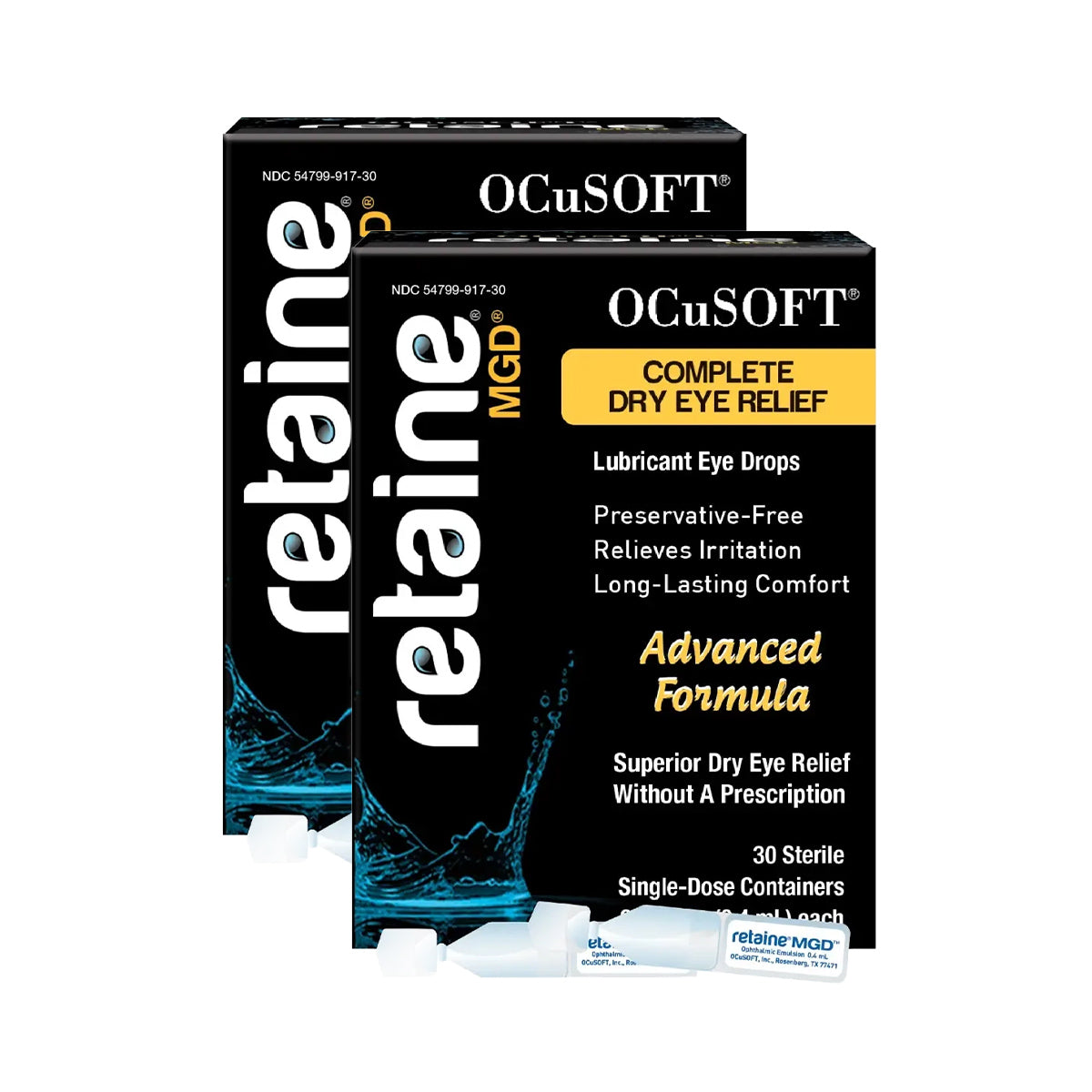Experience ultimate comfort with OCuSOFTs Ocusoft Retaine 2-pack MGD Eye Drops. Each box assures Complete Dry Eye Relief featuring a Preservative-Free, Advanced Formula, offering 60 single-dose vials for sustained ease and care.
