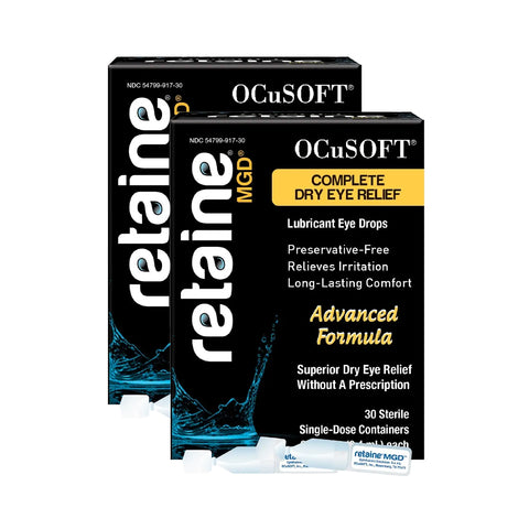 Experience ultimate comfort with OCuSOFTs Ocusoft Retaine 2-pack MGD Eye Drops. Each box assures Complete Dry Eye Relief featuring a Preservative-Free, Advanced Formula, offering 60 single-dose vials for sustained ease and care.