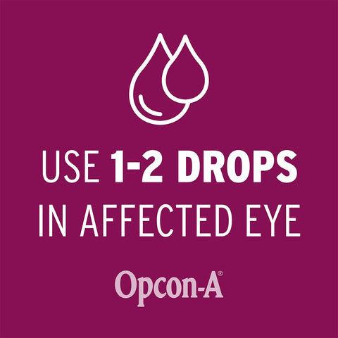 On a purple background with white text, stylized droplet icons appear above the words: USE 1-2 DROPS IN AFFECTED EYE for eye allergies relief, with Bausch + Lomb Opcon-A®, a redness reliever below.