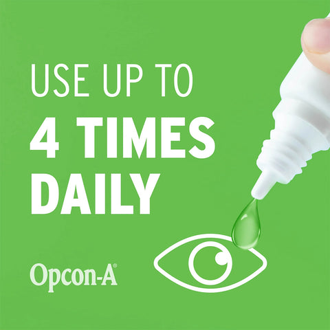 On a green background, text states: Use up to 4 times daily, with an image of Bausch & Lomb Opcon-A bottle dispensing a drop into an eye icon. Features include antihistamine and redness reliever formula for allergy relief.