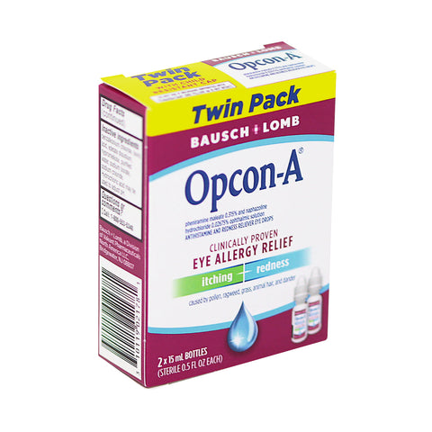 Image of Bausch + Lomb Opcon-A Allergy Relief Eye Drops Twin Pack, featuring maroon and white packaging that highlights its effectiveness in relieving redness from eye allergies. Includes two 15 ml bottles providing antihistamine relief from itching and redness.