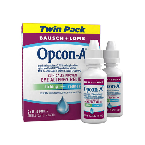 Bausch + Lomb Opcon-A Allergy Relief Eye Drops Twin Pack (2 x 15ml) combines antihistamine and redness reliever to soothe eye allergies, targeting itchiness and redness from pollen, ragweed, grass, animal hair, and dander.