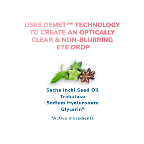 Text in red and blue above an image of Sacha Inchi seed, leaves, and star anise. Text: Optase MGD Advanced Eye Drops use DEMET™ Technology for clear, non-blurring relief. This preservative-free formula soothes advanced dry eyes with Sacha Inchi Seed Oil, Trehalose, Sodium Hyaluronate, Glycer.