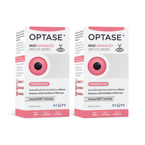 Optase MGD 2-pack packaging features a pink circle with an eye illustration, highlighting Preservative-Free and promoting aid for Meibomian Gland Dysfunction. It includes steps: Heat, Cleanse, Hydrate.