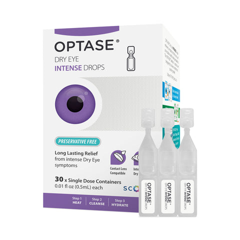 Optase Intense Eye Drops packaging displays illustrations of 30 single-dose vials, emphasizing a Preservative Free formula. Glycerin-based drops offer relief for dry eye symptoms, with three vial samples prominently shown on the front.