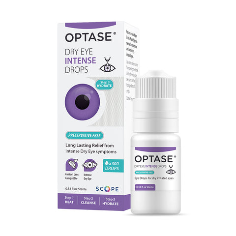 Image of Optase Intense Preservative Free Eye Drops (10mL) packaging and bottle. Box highlights Preservative-Free and Long Lasting Relief for moderate to severe dry eye. The small white bottle features a purple label.