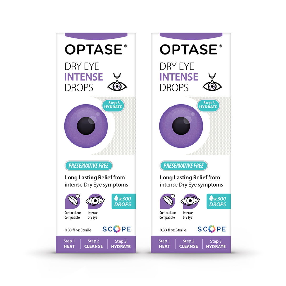 Two boxes of Optase Intense Eye Drops with a purple eye graphic, glycerin-based and preservative-free, offer long-lasting relief for dry eyes. Each box delivers around 300 soothing comfort drops.