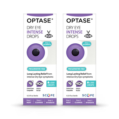 Two boxes of Optase Intense Eye Drops with a purple eye graphic, glycerin-based and preservative-free, offer long-lasting relief for dry eyes. Each box delivers around 300 soothing comfort drops.